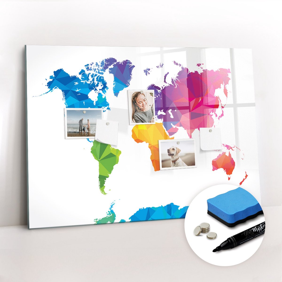 Tulup Whitebord - Abstracte wereldkaart - 100 x 70 cm - Veelkleurig Magneetbord Foto - Inclusief Gratis Magneten & Marker & Spons - Industrieel Wandbord - Memo Bord - Inspiratiebord Kantoor