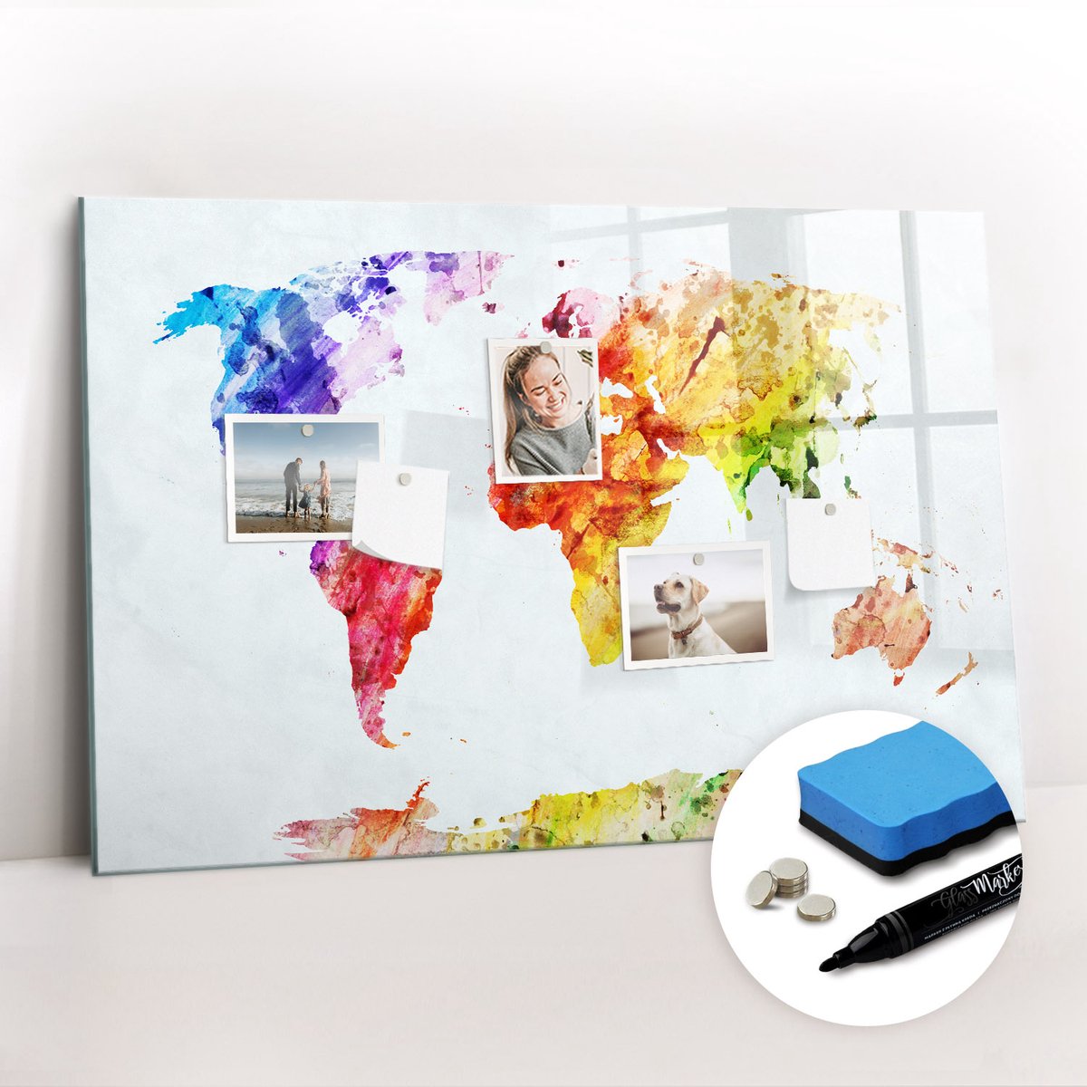 Tulup Whitebord - Wereldkaart in aquarel - 90 x 60 cm - Veelkleurig Magneetbord Muur - Gratis 5 Sterke Magneten + Whiteboard Marker & Wisser - Organizer Muur - Magnetisch Wandbord - Planning Muur