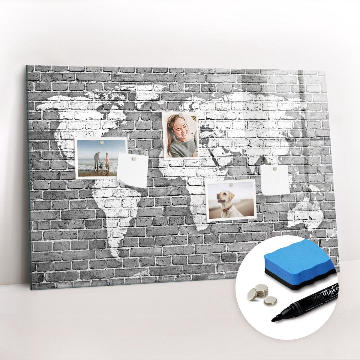 Tulup Whitebord - Wereldkaart op bakstenen - 90 x 60 cm - Zwart-wit Memo Magneetbord - Gratis 5 Sterke Magneten + Whiteboard Marker & Wisser - Interieur Accessoires Kantoor - Foto Magneetbord - Productiviteit Tools