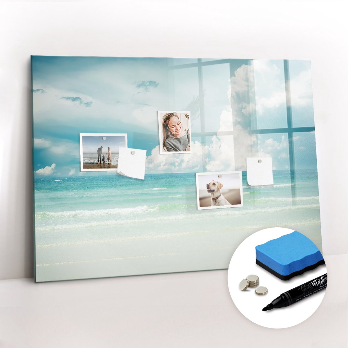 Tulup Whitebord - Zeelandschap - 100 x 70 cm - Blauw Magneetbord Rechthoekig - Inclusief Gratis Magneten & Marker & Spons - Wanddecoratie Kantoor - Magnetisch Wandbord - Ideeënbord Thuiswerkplek