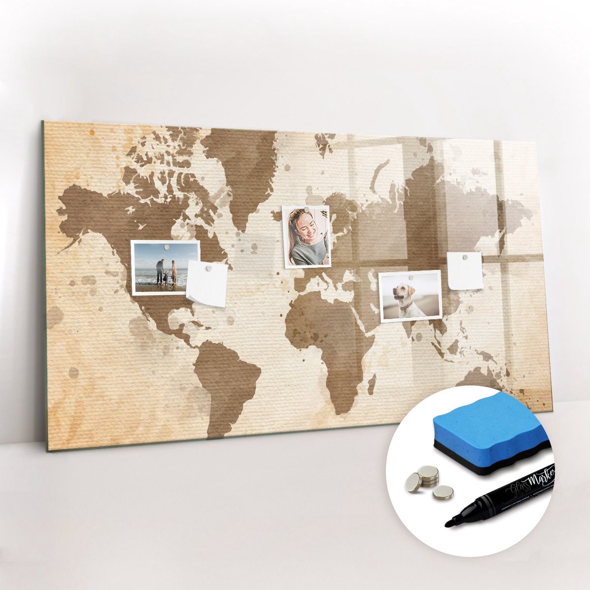 Tulup Whitebord - Artistieke wereldkaart - 120 x 60 cm - Bruin Magneetbord Keuken - Gratis 5 Sterke Magneten + Whiteboard Marker & Wisser - Wanddecoratie Kantoor - Magnetisch Wandbord - Ideeënbord Thuiswerkplek