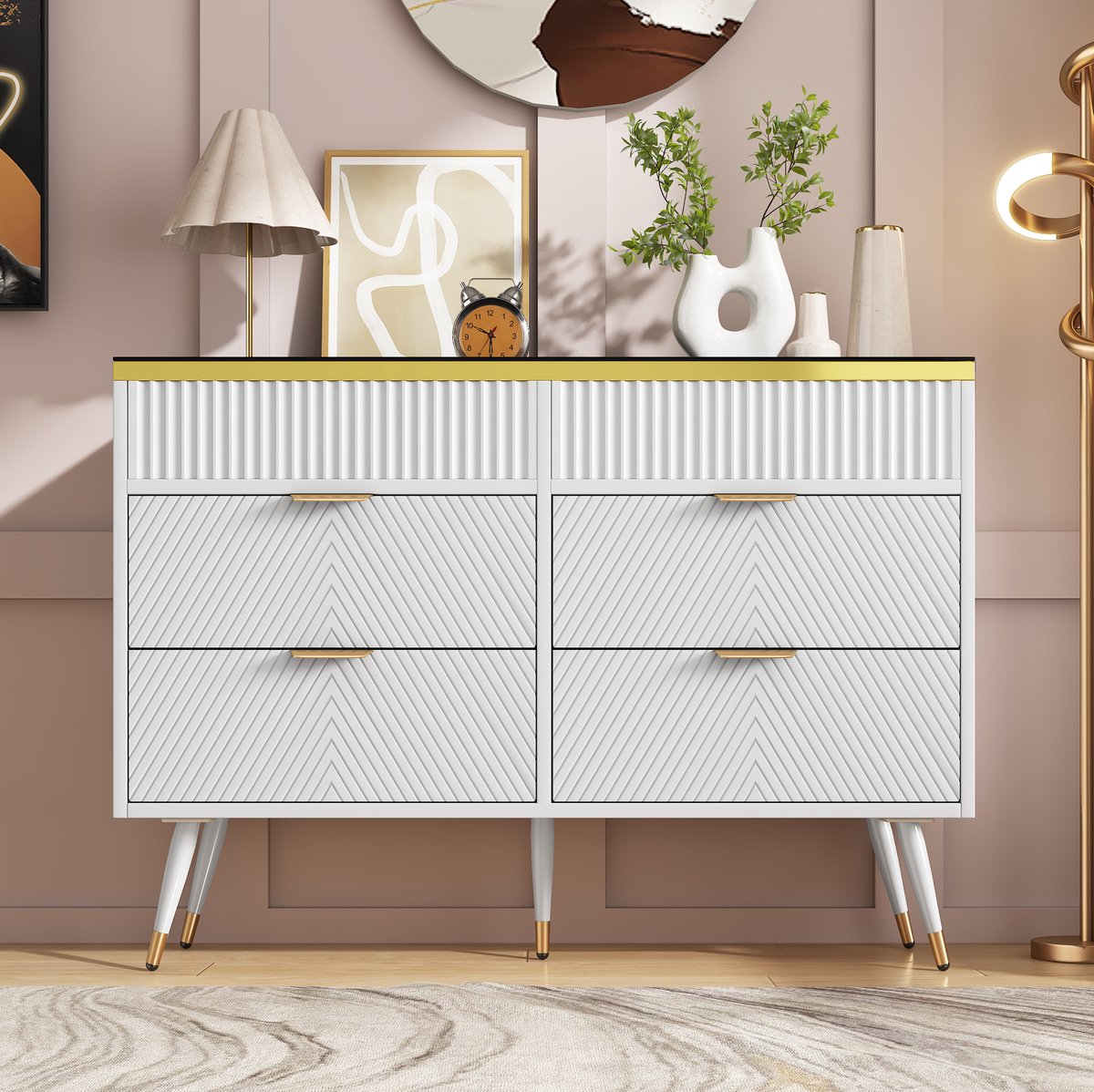 HAUSS SPOLE Dressoir - 6 Lades Met Glasblad En Kantelbeveiliging - Voor Slaapkamer En Woonkamer - Spaanplaat En Glas - 120x40x76 Cm - Wit