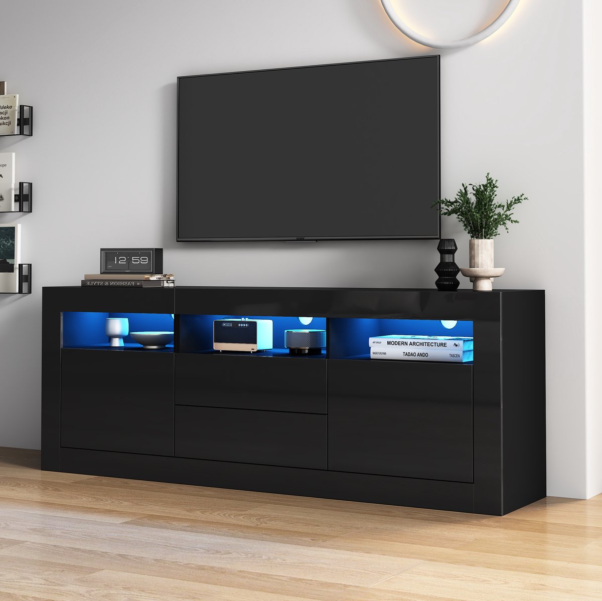 HAUSS SPOLE Tv Meubel - Hoogglans Met Ledverlichting En Appbediening - Voor Woonkamer - Spaanplaat - 160x35x60 Cm - Zwart