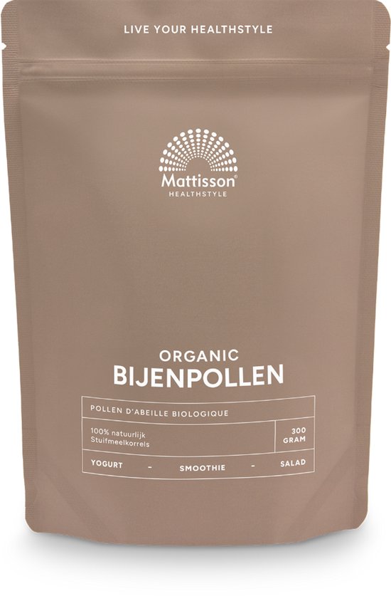 Bruine papieren zak met biologische bijenpollen. Met Mattisson logo en tekst 'Organic Bijenpollen'.
