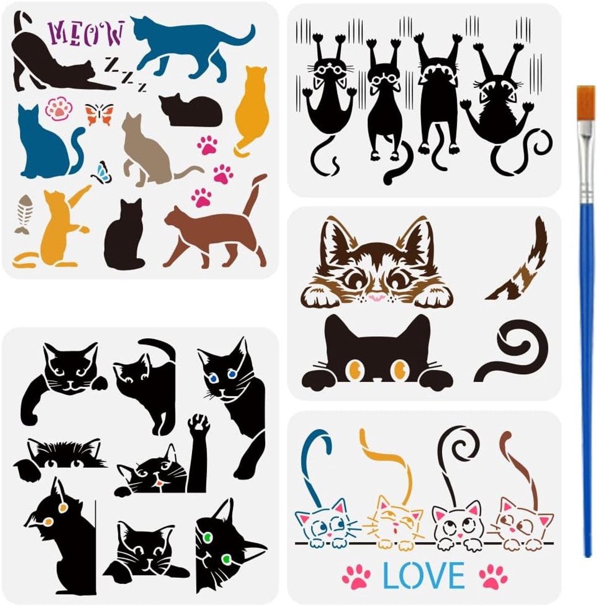 5-delige katten schilderstencil set met 1 plastic kwast - Herbruikbare sjablonen voor schilderen op hout, muren en meubels met verschillende kattenpatronen
