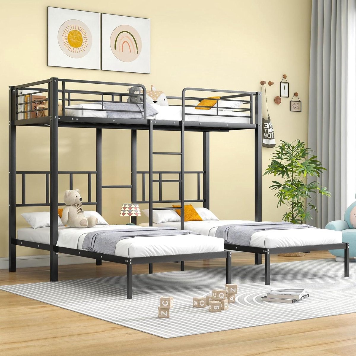 Driepersoons Stapelbed voor Kinderen en Jongeren met Ladder en Valbescherming - Zwart (90 x 200 cm)