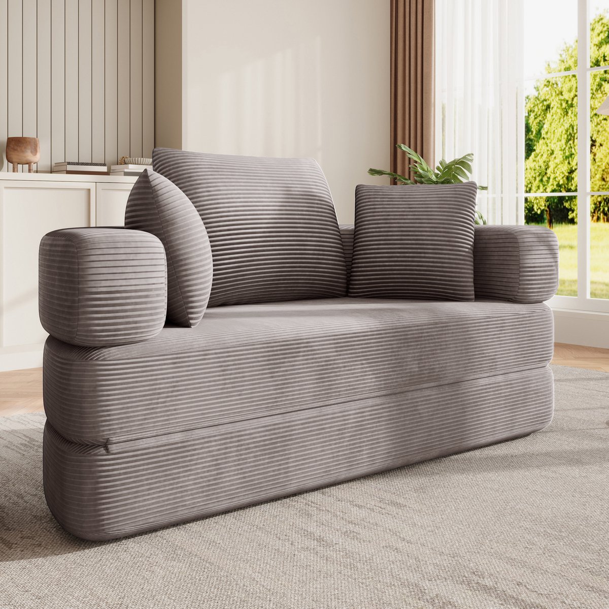 FloraGrace Slaapbank – 173 x 176 cm – 2-in-1 Opvouwbaar Sofabed Met 3 Kussens – Voor Appartement, Woonkamer Of Slaapkamer – Cordstof – Bruingrijs Brown Gray
