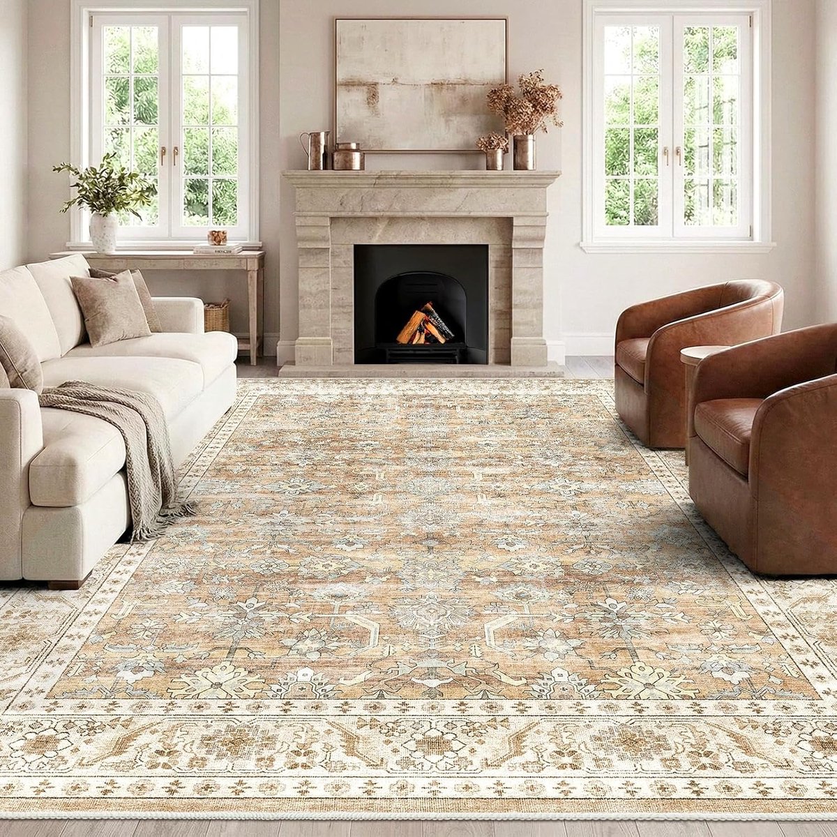 Beigebruin Vintage Tapijt Woonkamer 120x170 cm - Wasbaar Kortharig met Antislip Onderlaag, Zacht Boho Retro voor Slaapkamer Eetkamer Hal