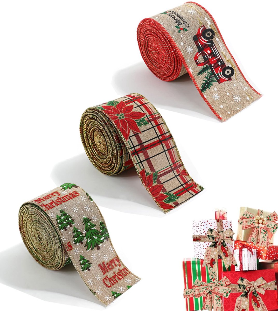 3 stuks cadeaulint, kerstband, breed cadeaulint, kerstlint, kerstlinten, lint voor geschenkverpakking, vintage kerstlint voor kerstversiering