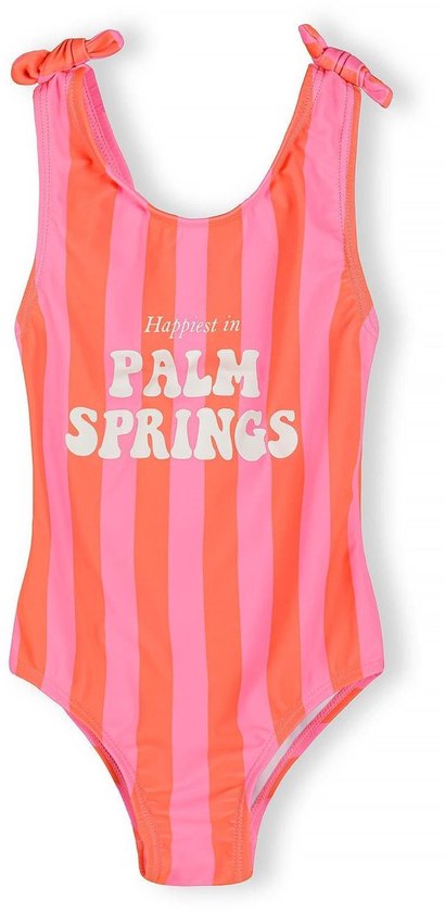 Roze en oranje gestreept badpak met tekst "Happiest in PALM SPRINGS" en schouderstrikjes.