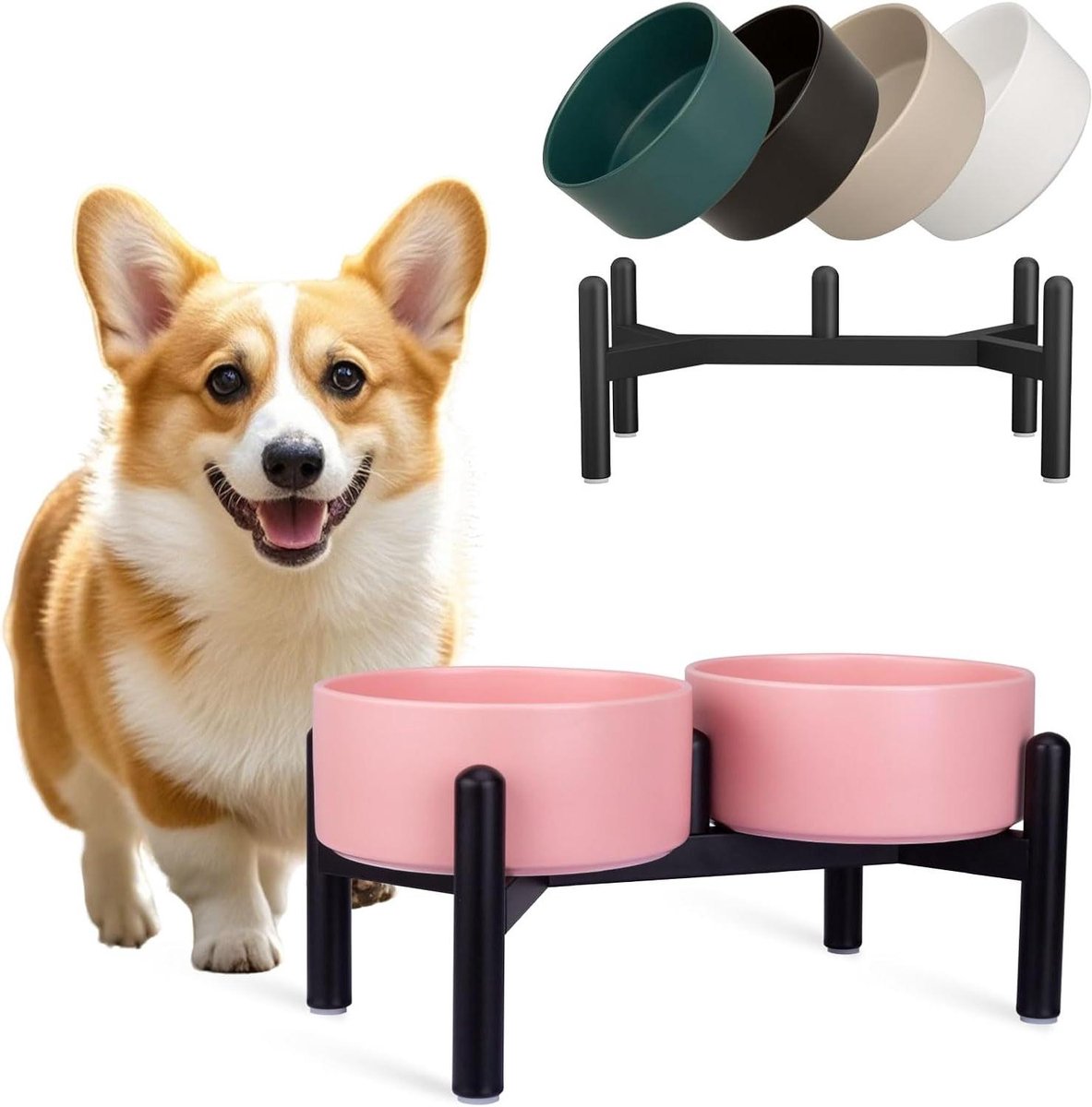Keramische Hondenkom Set - Verhoogde Voerbak - Comfortabel Eten - Roestvrij Stalen Onderstel - 2 Cups Per Kom - Roze