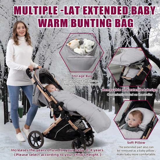 Wintervoetenzak Kinderwagen - Babyvoetenzak Kinderwagen - Warmte Baby Buiten - Waterafstotend Materiaal - 32 x 22 x 10 cm - Grijs — afbeelding 3