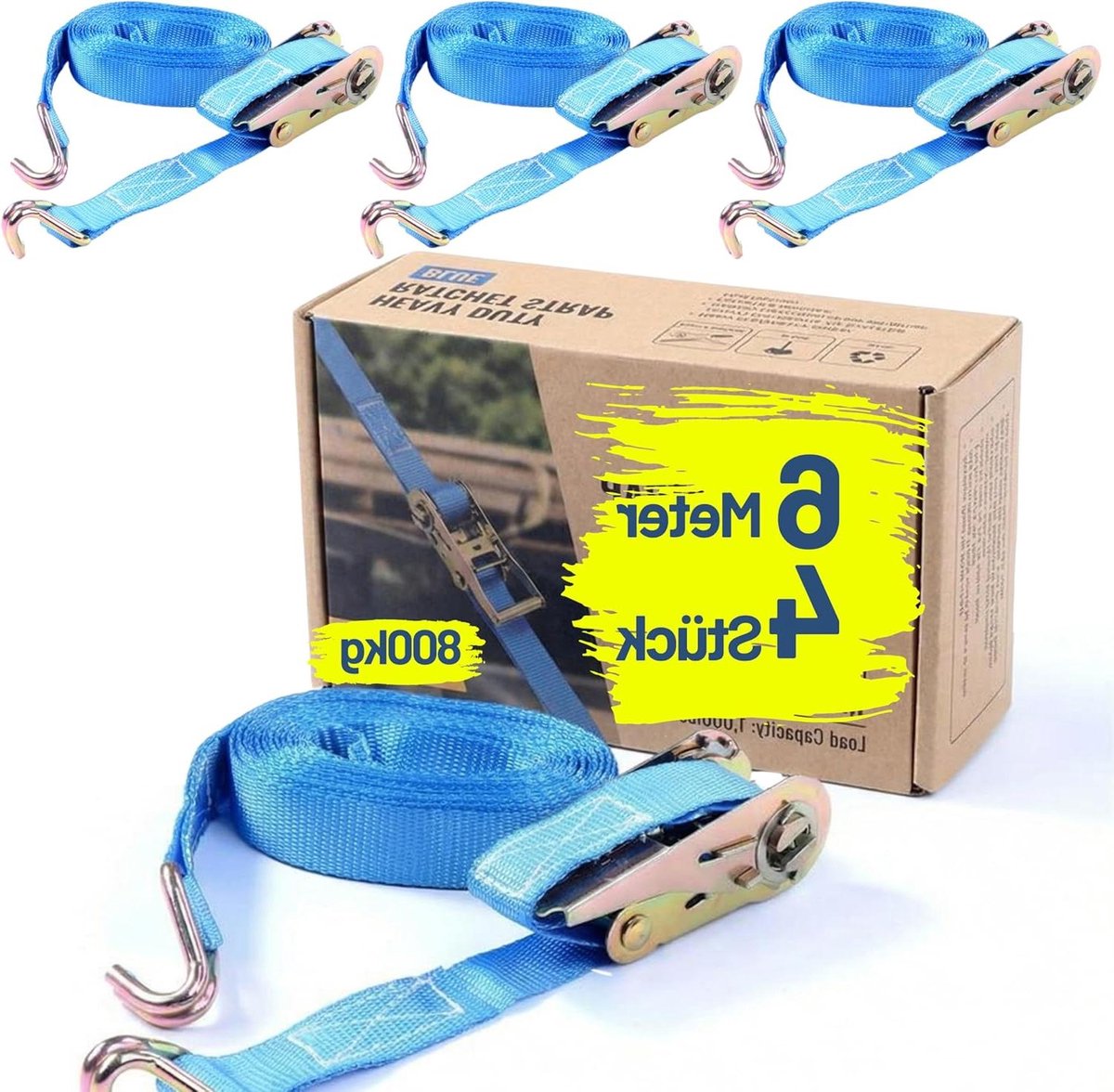 Spanbanden met Haken - Sjorriemen Ratelbanden - Transport Beveiligen - Tweedelig 800kg Belastbaar - 6 Meter Lengte - Blauw
