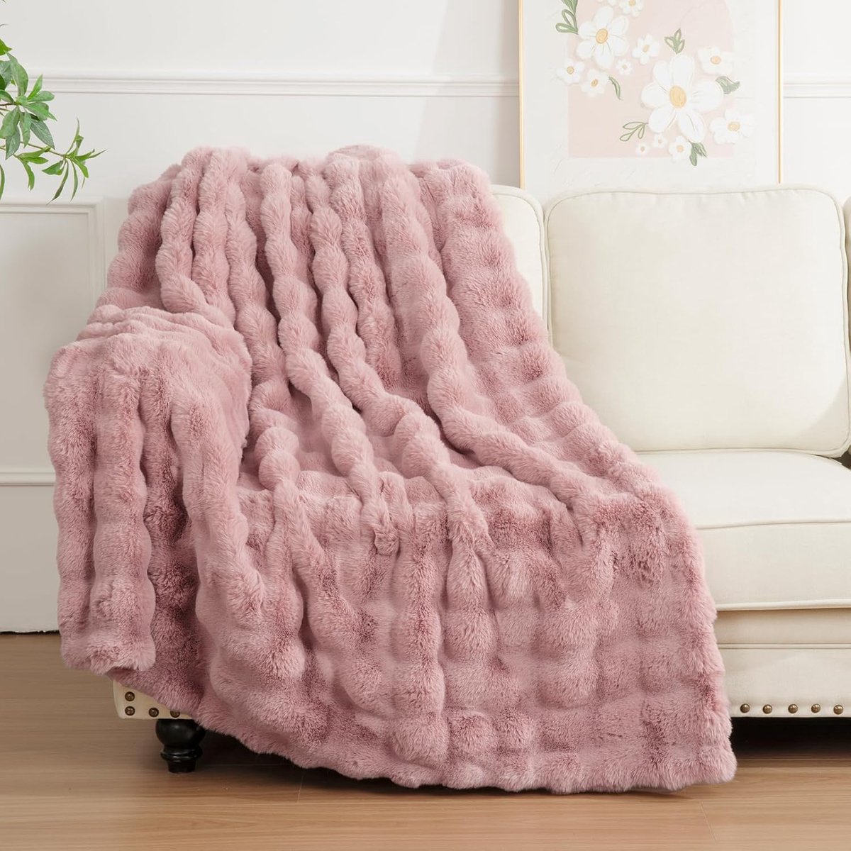 Deken van imitatiekonijnenbont, 127 x 152 cm, dubbele bubbel, knusse bedsprei, zachte pluche, pluizige deken, warme dikke bontplaids voor slaapkamer, bank, woondecoratie, roze