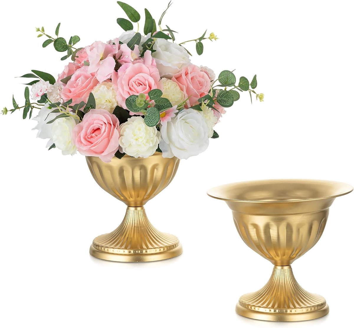 Goud Metal Urnen Vaas: 22,5cm Bloemvaas Pot voor Bruiloft Tafelstukken Set of 2 Vintage Vaas voor Bloemschikken Unieke Urnenbak voor Feestreceptie Diner Tafel