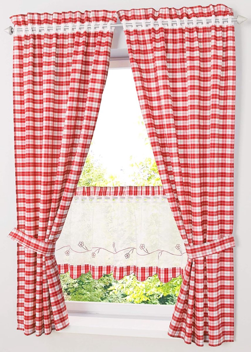 Geruite Landhuis Gordijnen Woonkamer Gordijnen met Gordijnroede (B x H 100 x 140 cm, Rood) Set van 2