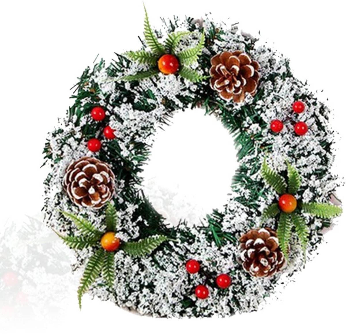 Kerstkrans deur 30 cm, besneeuwd effect met dennenappels - authentieke winterdecoratie, klaar om op te hangen