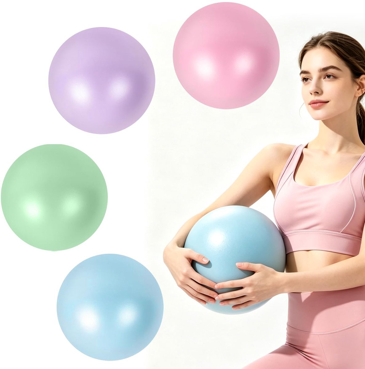 Pilatesbal, 4 stuks, 25 cm, gymnastiekbal, klein met opblaasbare slang, explosiebestendig en antislip, zachte yogabal voor buik- en schoudertraining, balans, sport, pilates