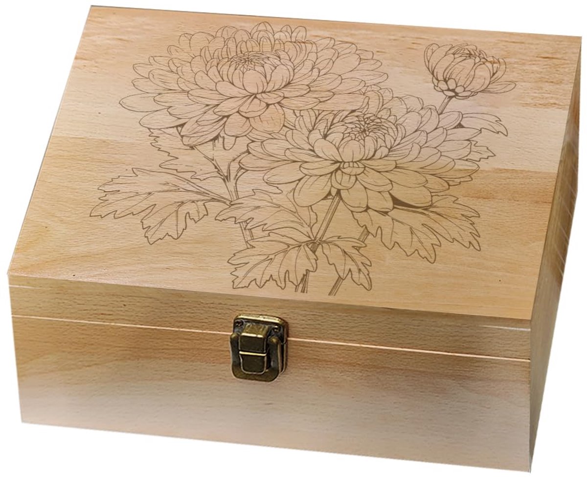 Bewaardoos, Chrysant Patroon Decoratieve Houten Geheugenbox met Scharnier Deksels voor Jubileum Foto's DVD's Brieven Sieraden 24,5x19,5x10,3cm