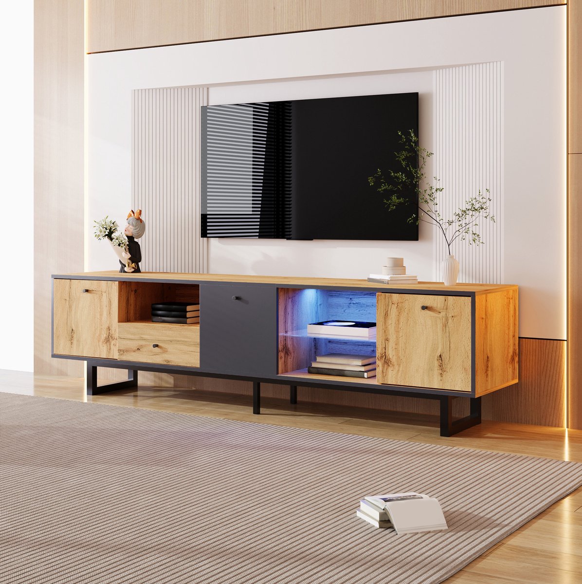 HAUSS SPOLE Dressoir - TV Meubel Met Ledverlichting En Glazen Planken - 3 Deuren En Lade Voor Woonkamer - Spaanplaat - 190x40x50 Cm