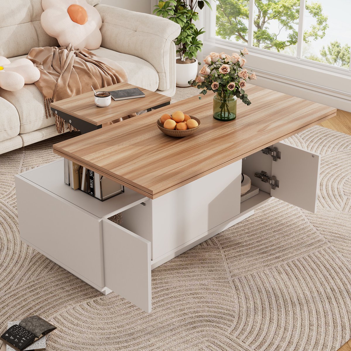 HAUSS SPOLE Salontafel - Dubbel Hefblad Met Verborgen Opbergruimte - Voor Woonkamer En Werken - Spaanplaat - 100x50x55,5 Cm - Wit En Houtkleur