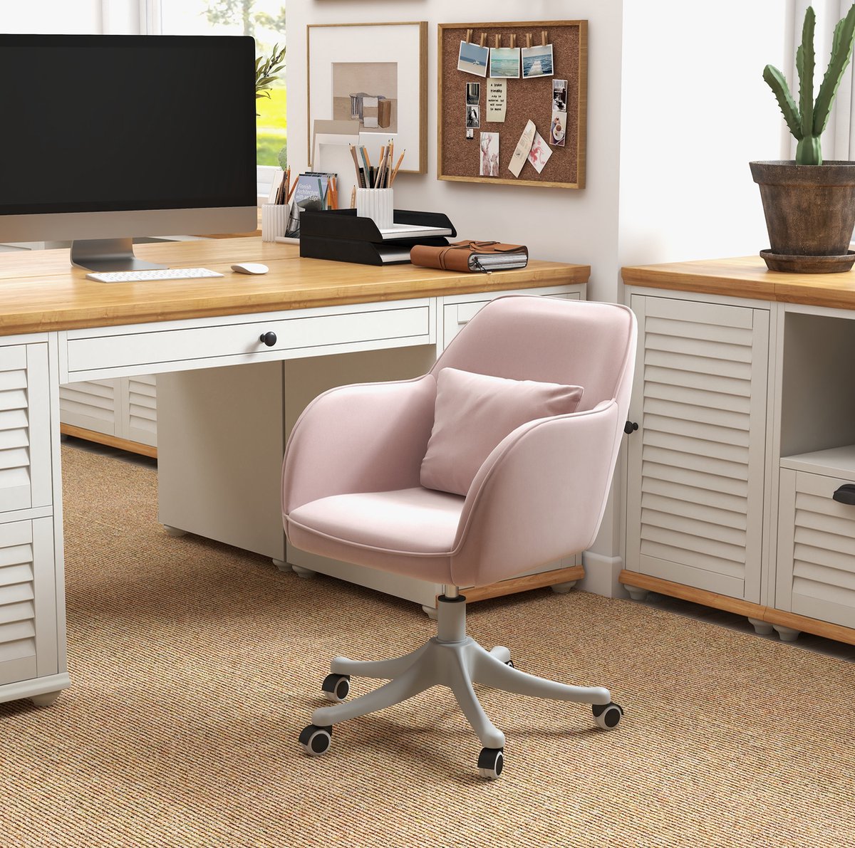 MEUNIQ bureaustoel met vibratiefunctie en verstelbare armleuningen, draaistoel met lendenkussen, USB-aansluiting en wielen, 57 x 70 x 78-86 cm, roze