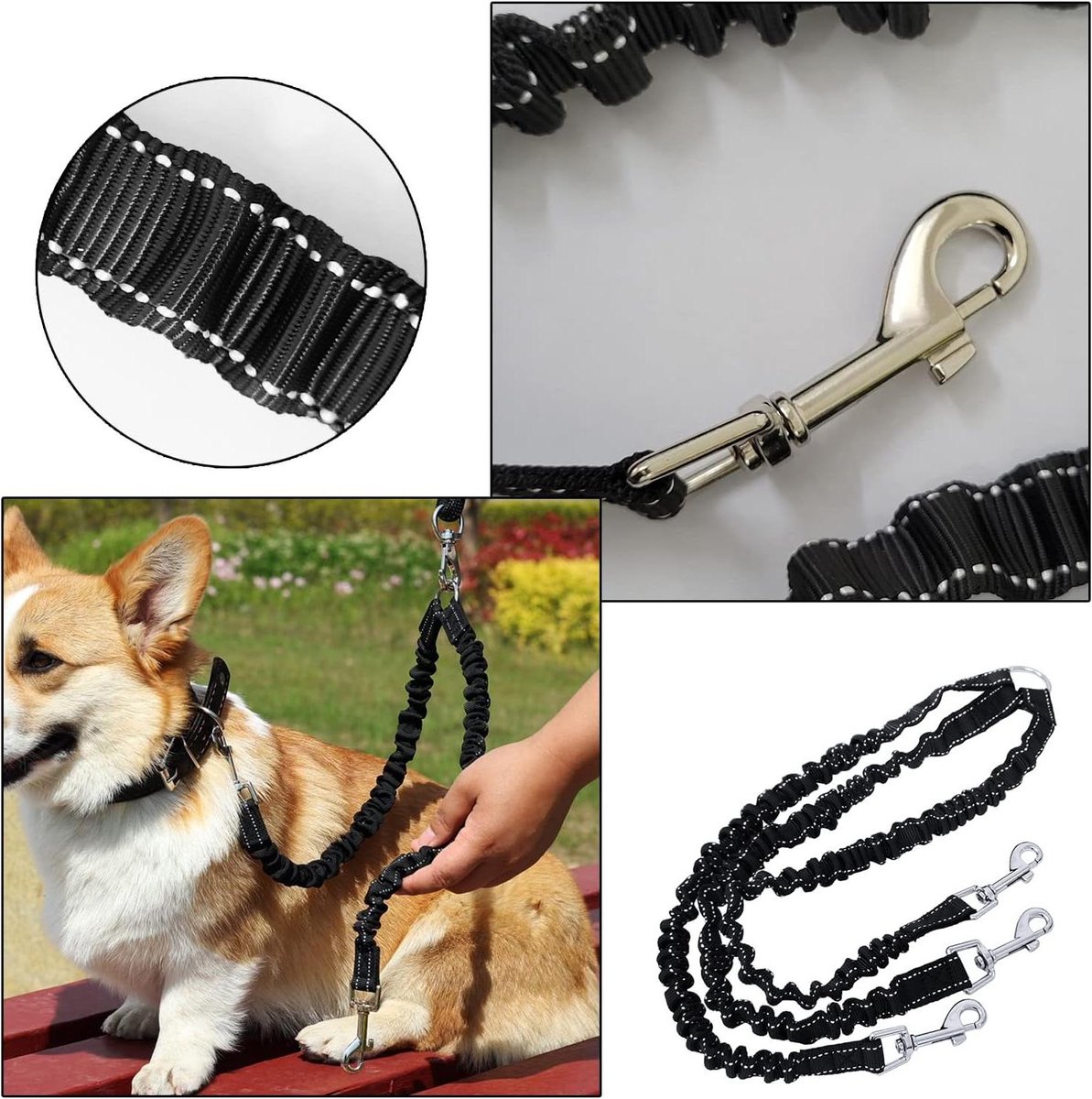Hondenlijn - Dubbele riem - Gezamenlijk wandelen - Drie honden tegelijk - 19 cm - Zwart
