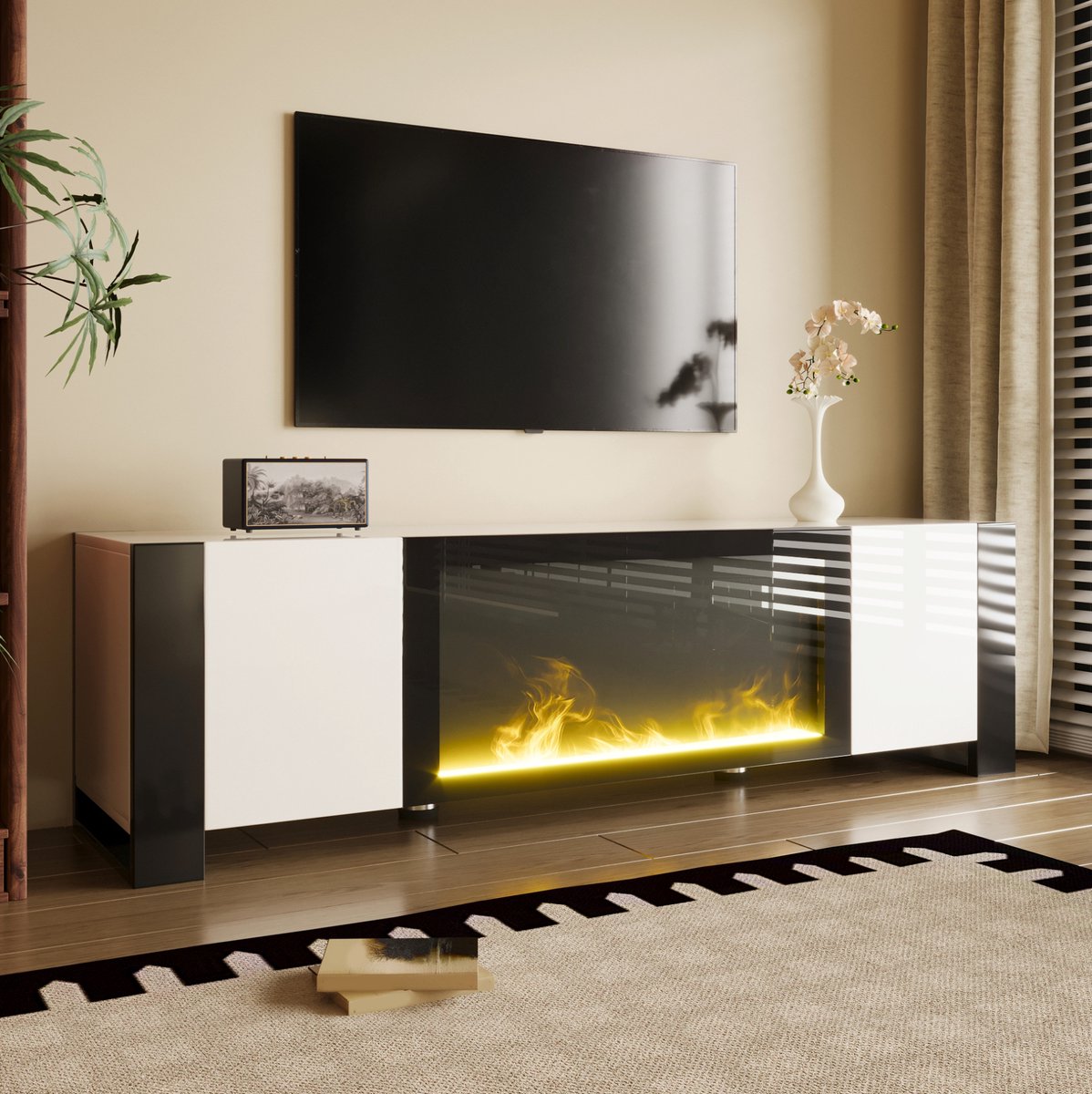 HAUSS SPOLE TV-Meubel - Laag Dressoir Met Elektrische Openhaard En Drukopening - Voor Woonkamer - Spaanplaat Metaal - 165x32x55 Cm - Wit Zwart