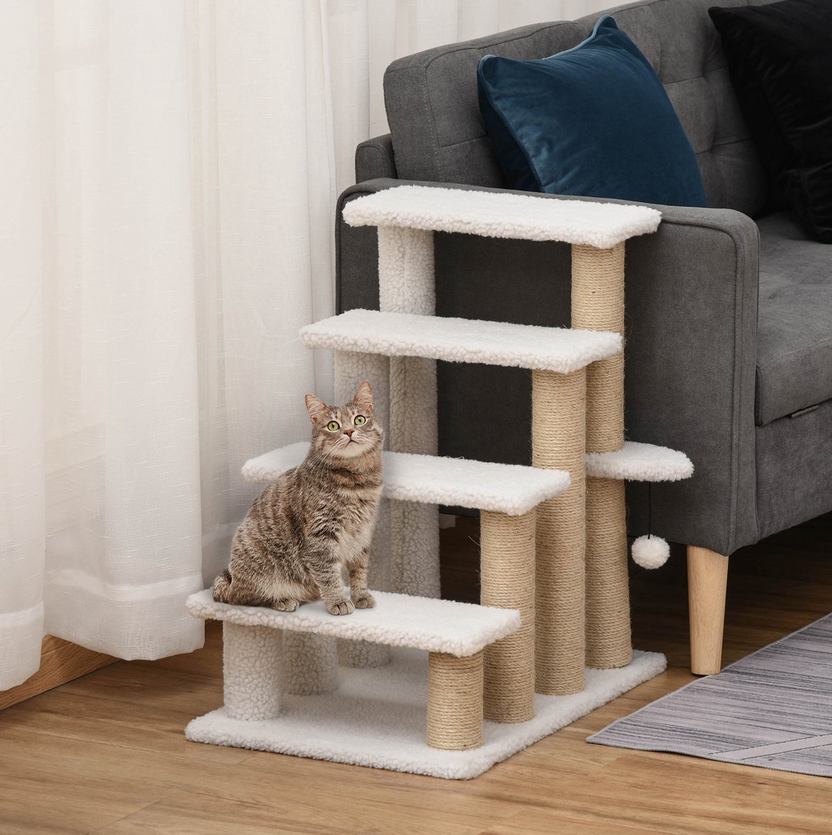 MEUNIQ dierentrap met krabpaal 60 x 40 x 64 cm 4-staps kattentrap en hondentrap met pluche en jute voor bank of bed, wit