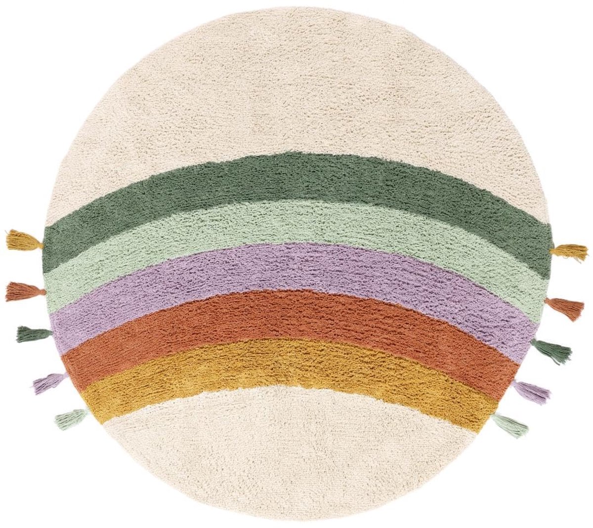 Rainbow, Kinderkleed, Moderne Kinderen, Ø 150 cm, Rond, Laagpolig, Kinderkamer, Machinewas, Zonder gevaarlijke chemicaliën, Off Wit/Multi