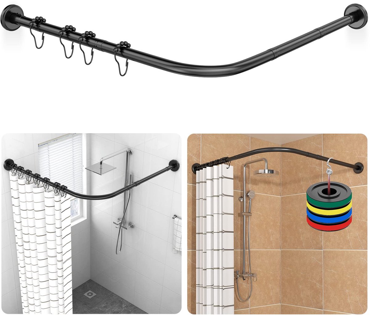 Douchegordijnstangen Verstelbare L-vormige, Met 18 Ringen, 70-100×110-170cm, Hoekdouchestang Van Roestvrij Staal 304, Installatie Met of Zonder Boren, Geschikt Voor Badkamer en Badkuip, Zwart