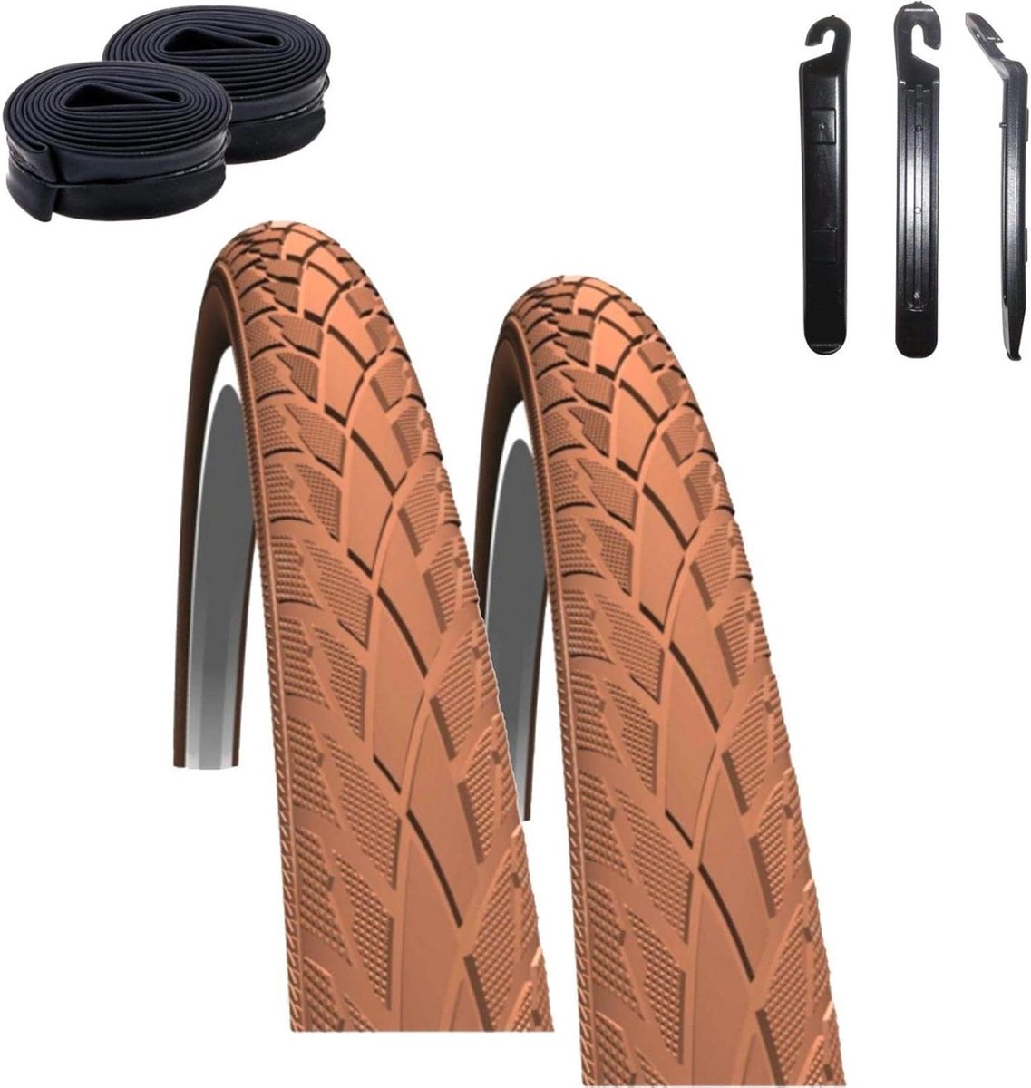 Fietsbanden Set - Banden en Slangen - Comfortabel Fietsen - Inclusief Bandenlichters - 47-559 26x1.75 - Bruin