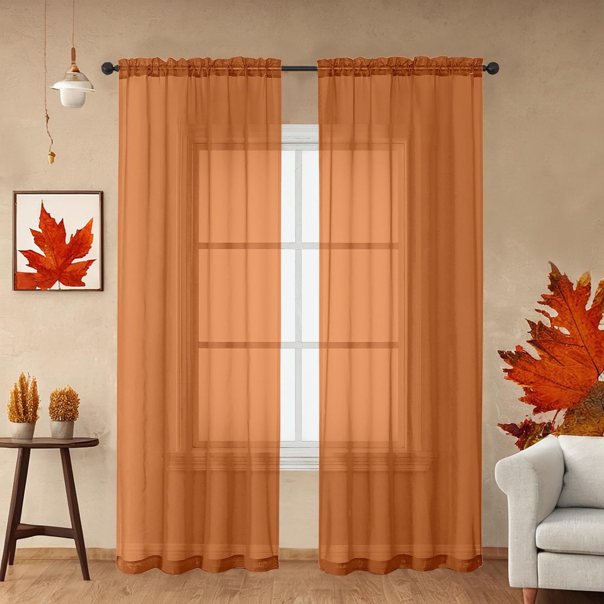 SnelShoppen - Elegante Oranje Transparante Gordijnen 96 Inch, 2 Stuks, 42 Inch Breed, Ideaal voor Slaapkamer en Woonkamer, Voile Gordijnen voor Raamde