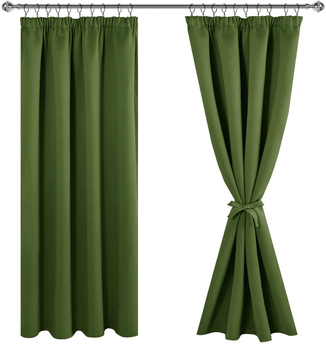 Gordijnen met plooiband, verduisteringsgordijnen, woonkamergordijnen, slaapkamer, thermogordijn, olijfgroen, H 183 x B 167 cm, set van 2