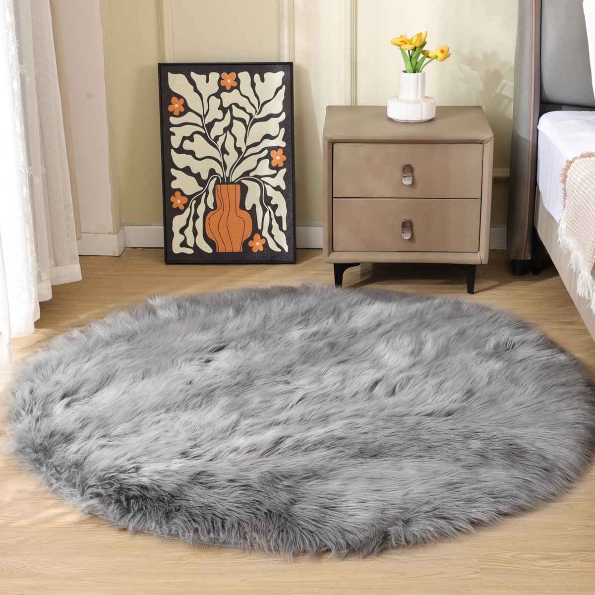 Rond 150 cm grijs Fluffy Tapijt Zacht Shaggy Vloerkleed voor Slaapkamer
