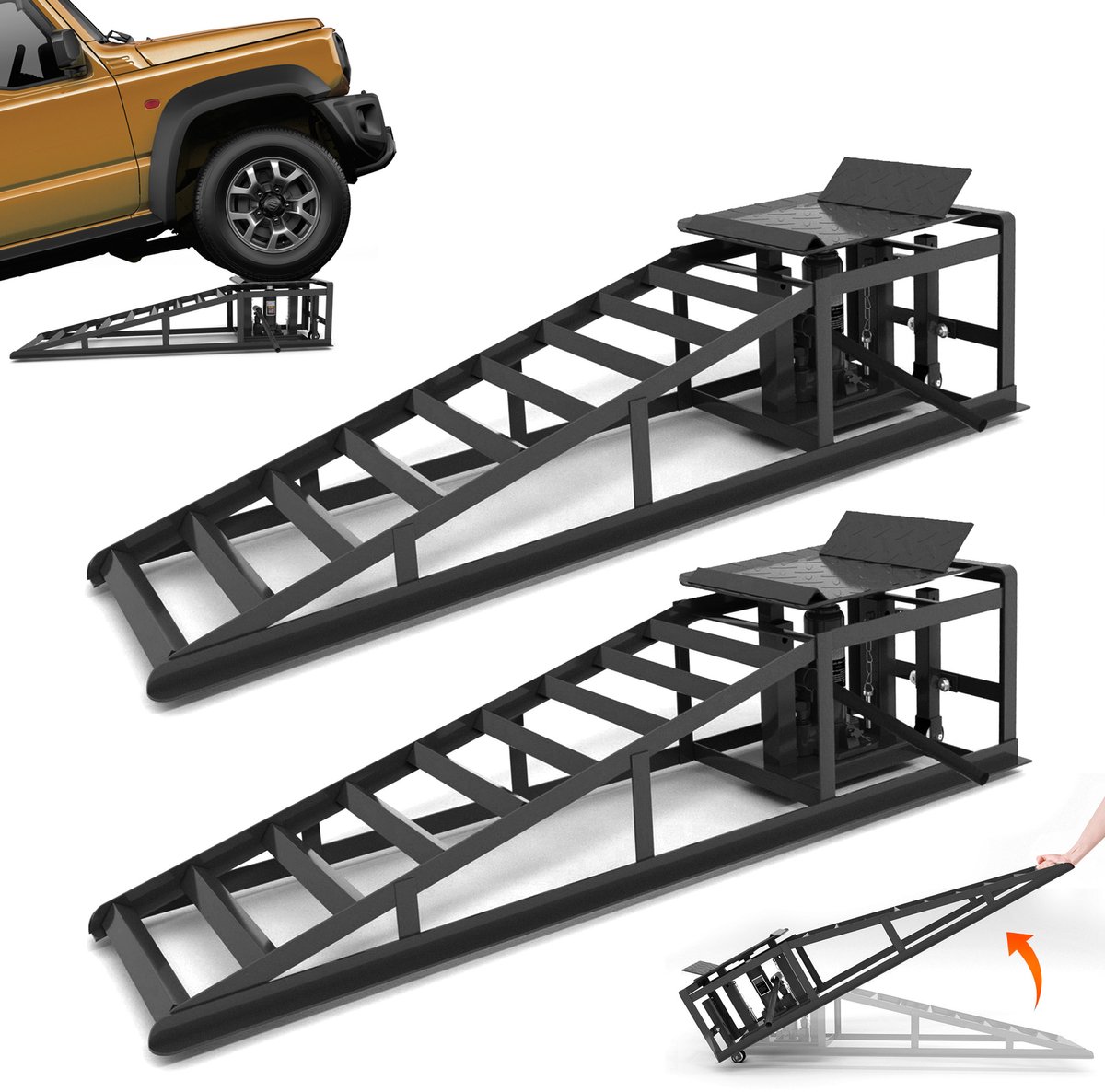 2-delige set hydraulische hefhellingen met wielen - 5 ton draagvermogen - hefhoogte 23-36 cm - inclusief hydraulische krik en draagbare autolift - ideaal voor olieverversing en klusgarage - zwart