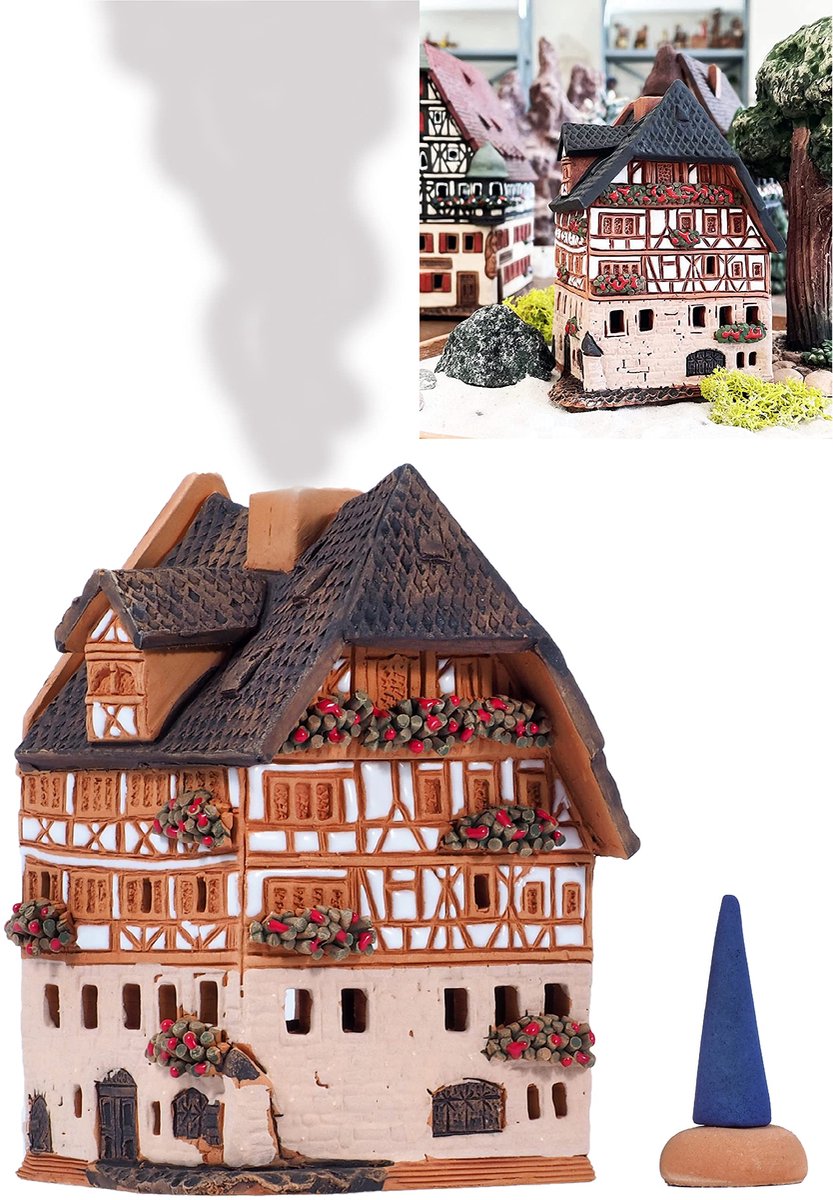Huis van Albrecht Dürer's House in Neurenberg Duitsland, Kegel Wierook Houder Wierook Brander Handgemaakte Collectible Miniatuur Klei Huis