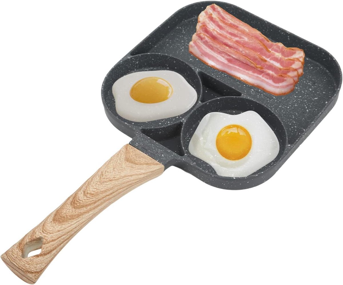 Koekenpan - Burgerpan - Ontbijt Maken - Drie Vakkken - 19 cm - Zwart