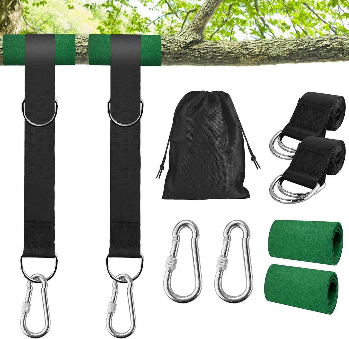 Schommelbevestiging Set - Hangmat Ophanging Boom - Outdoor Ontspanning - 900 kg Draagkracht - 2 Riemen 150 cm - Zwart