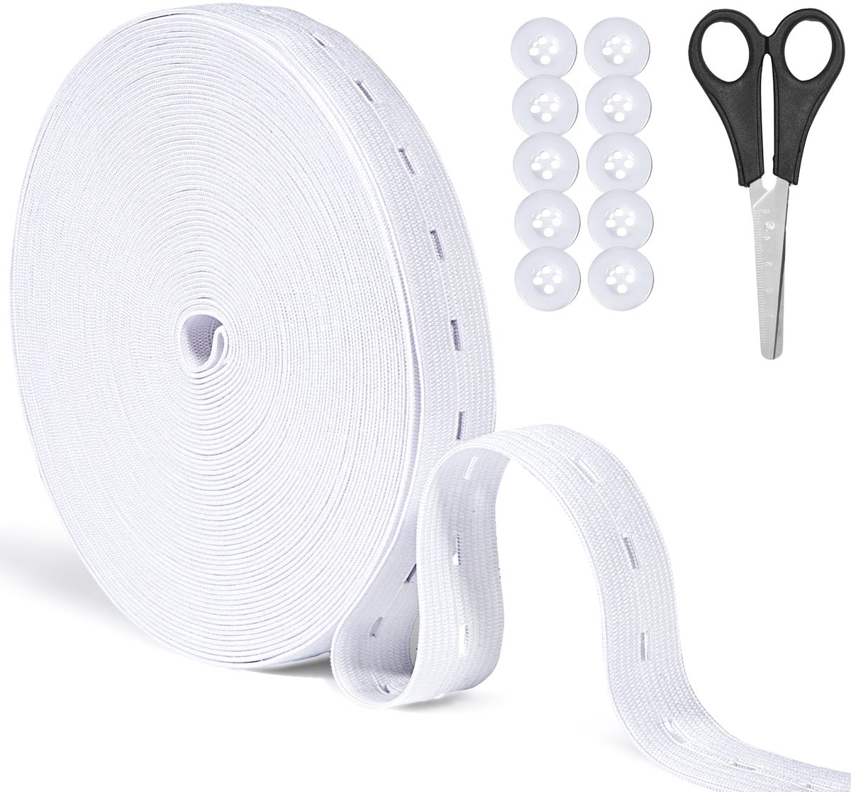 Elastiek met knoopsluiting, 20mm breed, voor naaien en breien, elastische band met ogen en12 knopen van kunsthars, ideaal voor maataanpassingen op kleding
