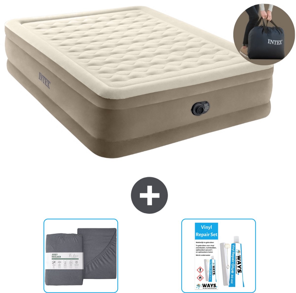 Intex Luchtbed - 2-Persoons - 152 x 203 x 46 cm - Beige - Inclusief pomp - Hoeslaken en Reparatieset