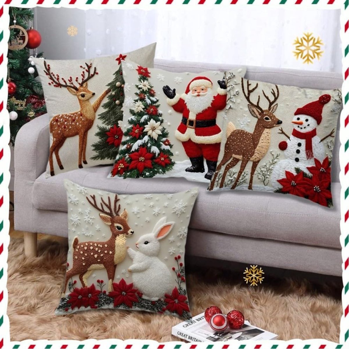 4 stuks kerst kussenslopen 45x45 cm - Linnen kussenslopen - Met kerst decoratie van rendier, sneeuwpop en dennenboom - Kerst huisdecoratie - Geschikt voor woonkamer bank – foto 7