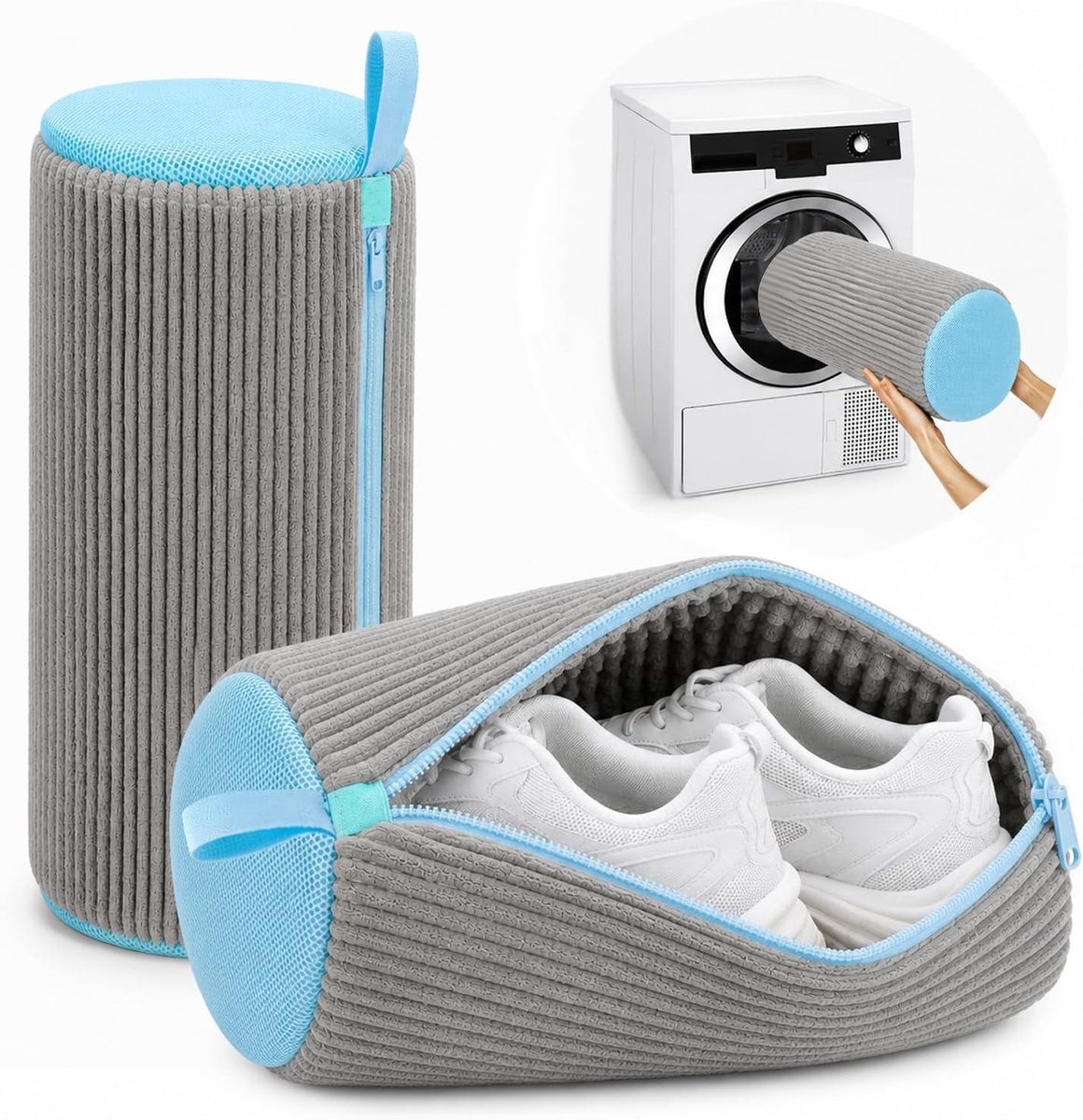 Schoenwaszak voor wasmachine - Grijs - Set van 2 - Extra dik pluche waszak met buitenvak - Voor sneakers en gymschoenen
