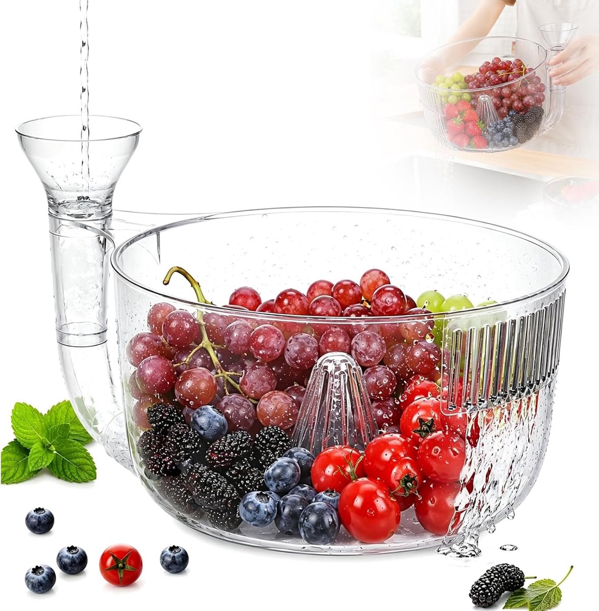Draaibare Fruit- en Groentewasser - Zelfdraaiende Wasbak met Afdruipmand en Vergiet - Multifunctionele Keukenkom voor Fruit, Groente en Bessen