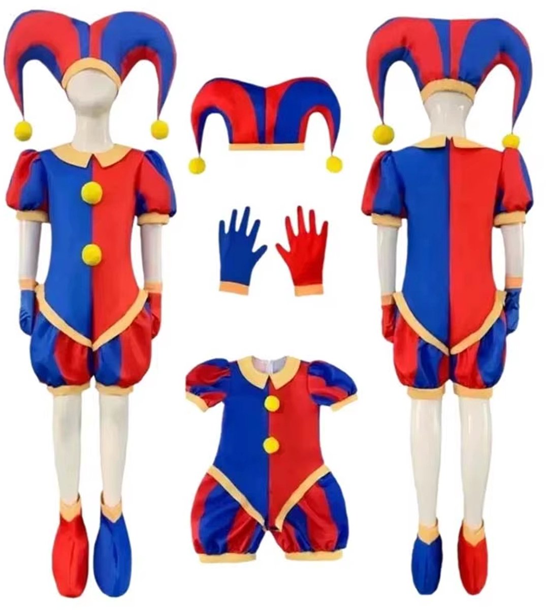Casalora – Circusclown Cosplay Kostuum – Halloween Kostuum – Feestkostuum – Unisex – Carnavals en Feesten – Volwassenen & Kinderen – Inclusief Hoed, Schoenen en Handschoenen