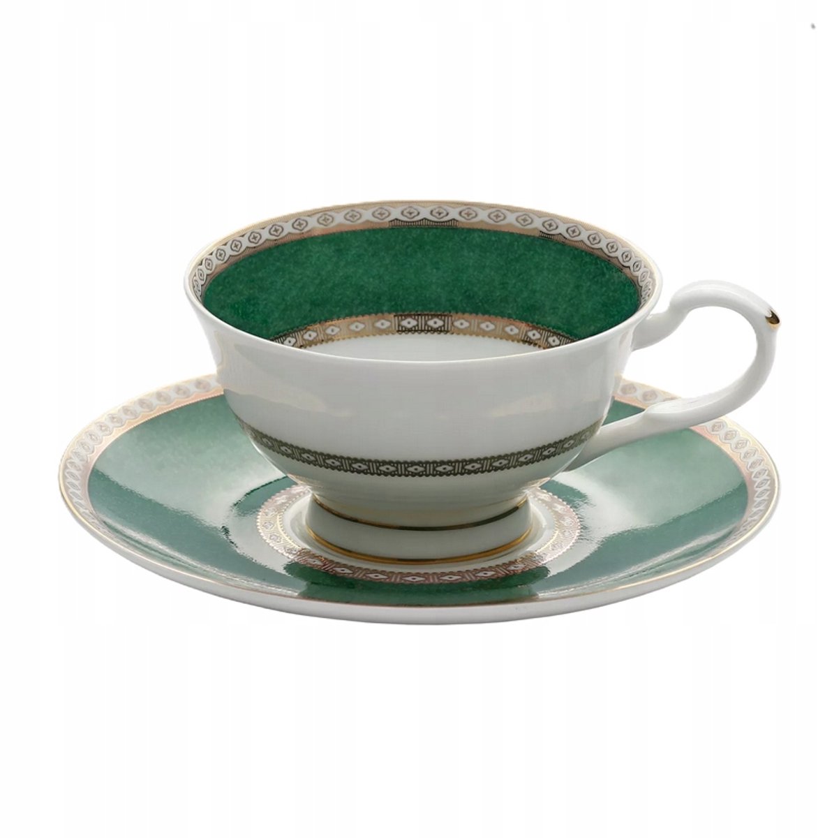 Porseleinen Mok met Schotel - Groen en Wit, 250 ml
