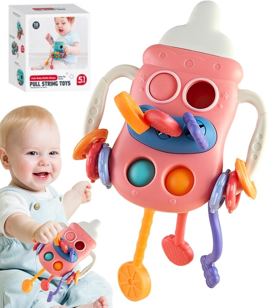 Casalora – Montessori Baby Activiteitenspeelgoed 8 Maanden+ – Sensorisch Pull String Speelgoed in Flesvorm – Educatief Speelgoed – Baby-bijtspeeltje – Rood – Fijne Motoriek & Ontwikkelingsspeelgoed