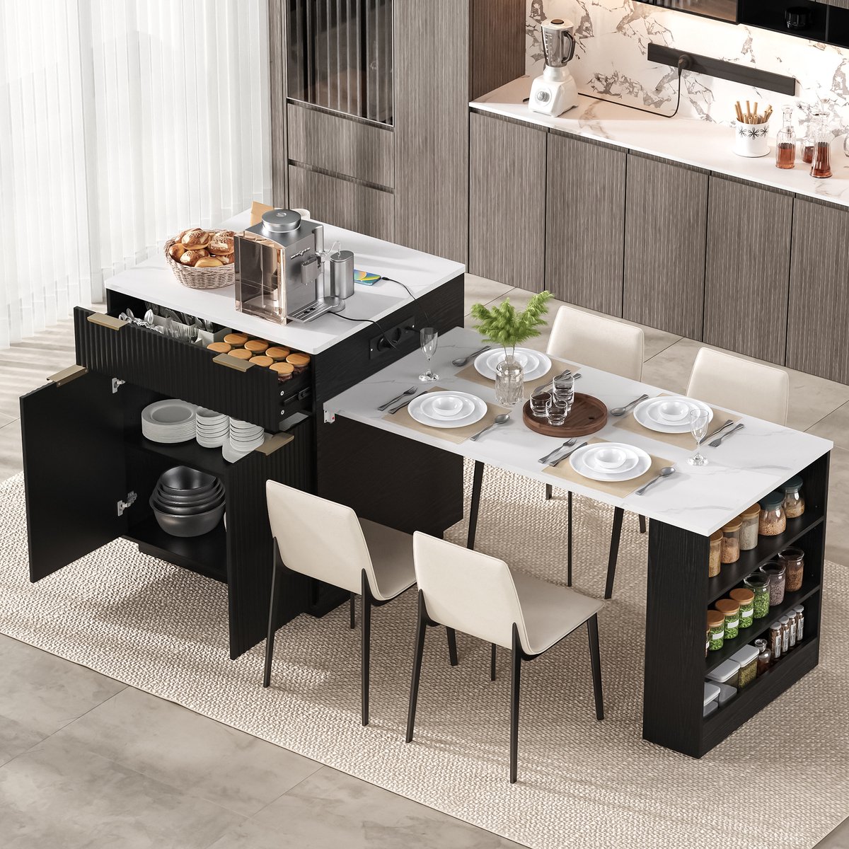 OKWISH Eettafel - Uitschuifbaar Keukeneiland - Met Lades En Ledverlichting - Marmerlook - Zwart - 127,5 x 67 x 92 Cm