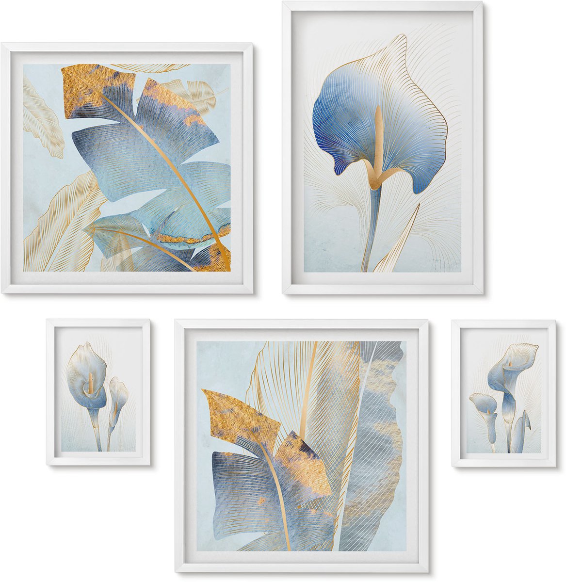 Wallfluent 5-Delige Schilderij Set - Stijlvolle Bloemen In Delicate Natuurlijke Tinten. - 50 x 50 cm, 20 x 30 cm En 40 x 60 cm - Wanddecoratie - Muurdecoratie - Woonkamer - Decoratieve Schilderijen
