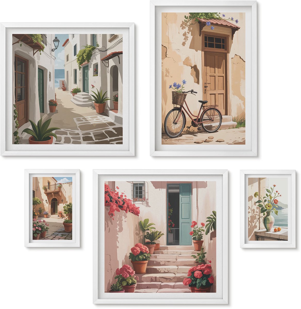 Wallfluent 5-Delige Schilderij Set - Sfeervolle Straatjes Met Fietsen En Bloemen In Potten. - 50 x 50 cm, 20 x 30 cm En 40 x 60 cm - Wanddecoratie - Muurdecoratie - Moderne Interieurdecoratie - Stijlvolle Muurdecoratie